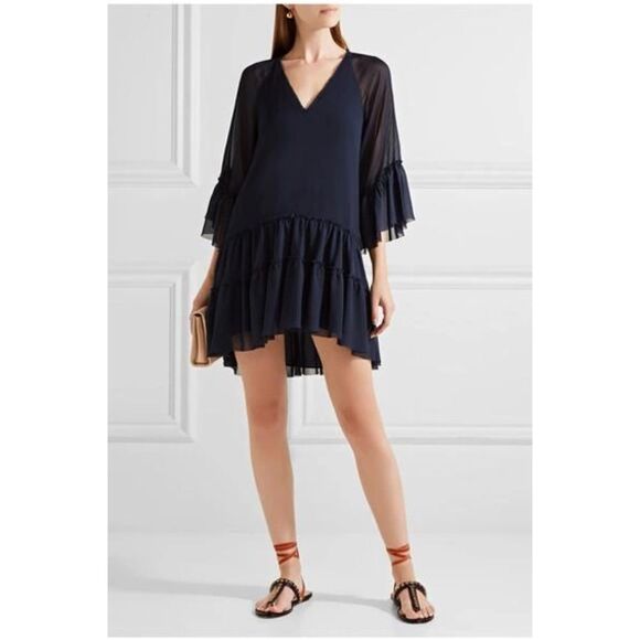 Alice + Olivia Zoey Ruffled Sapphire Tunic Dress in Navy Blue Size L - Picture 3 of 16